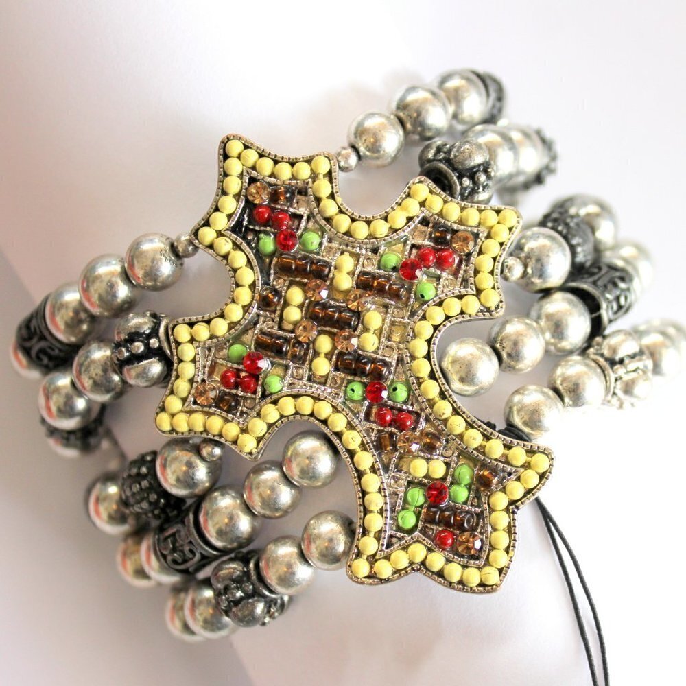Bohemian Multicolor Crystal Beaded Cross Silver Chunky Wide Stretch Bracelet NWT